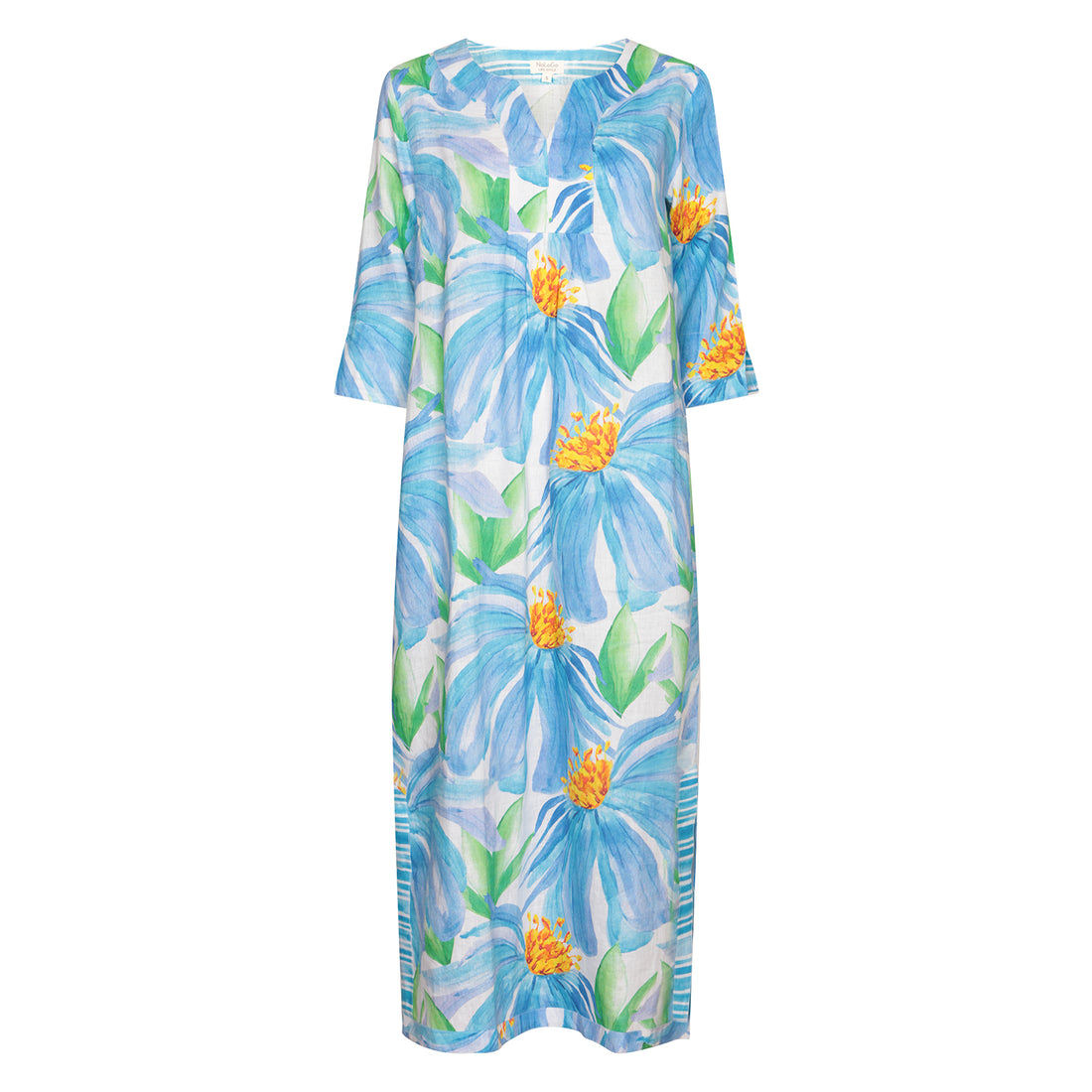 Denim Flower Print Linen Maxi Dress