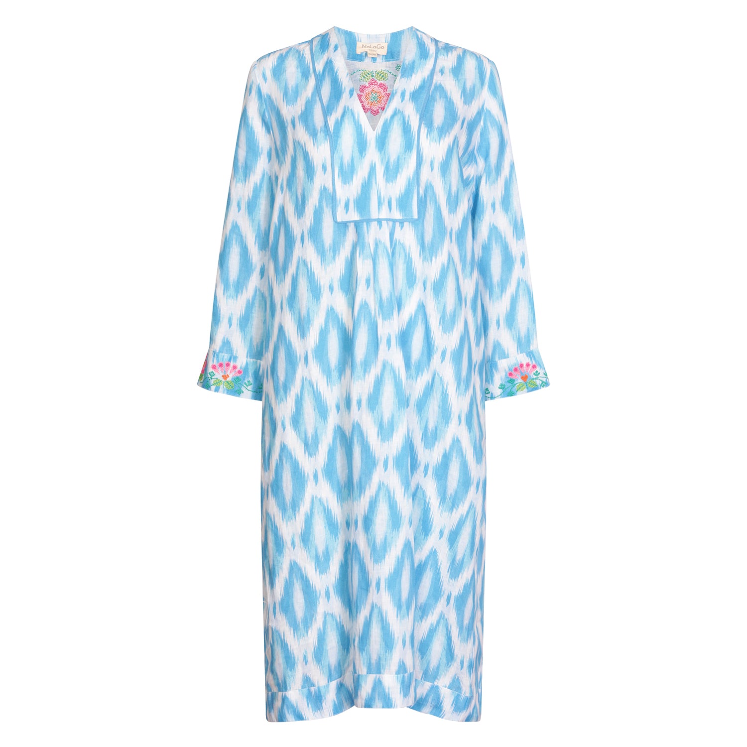 Ikat Embroidered Picot Midi Dress Linen Blue