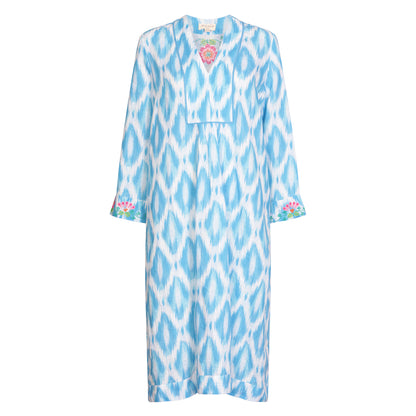 Ikat Embroidered Picot Midi Dress Linen Blue