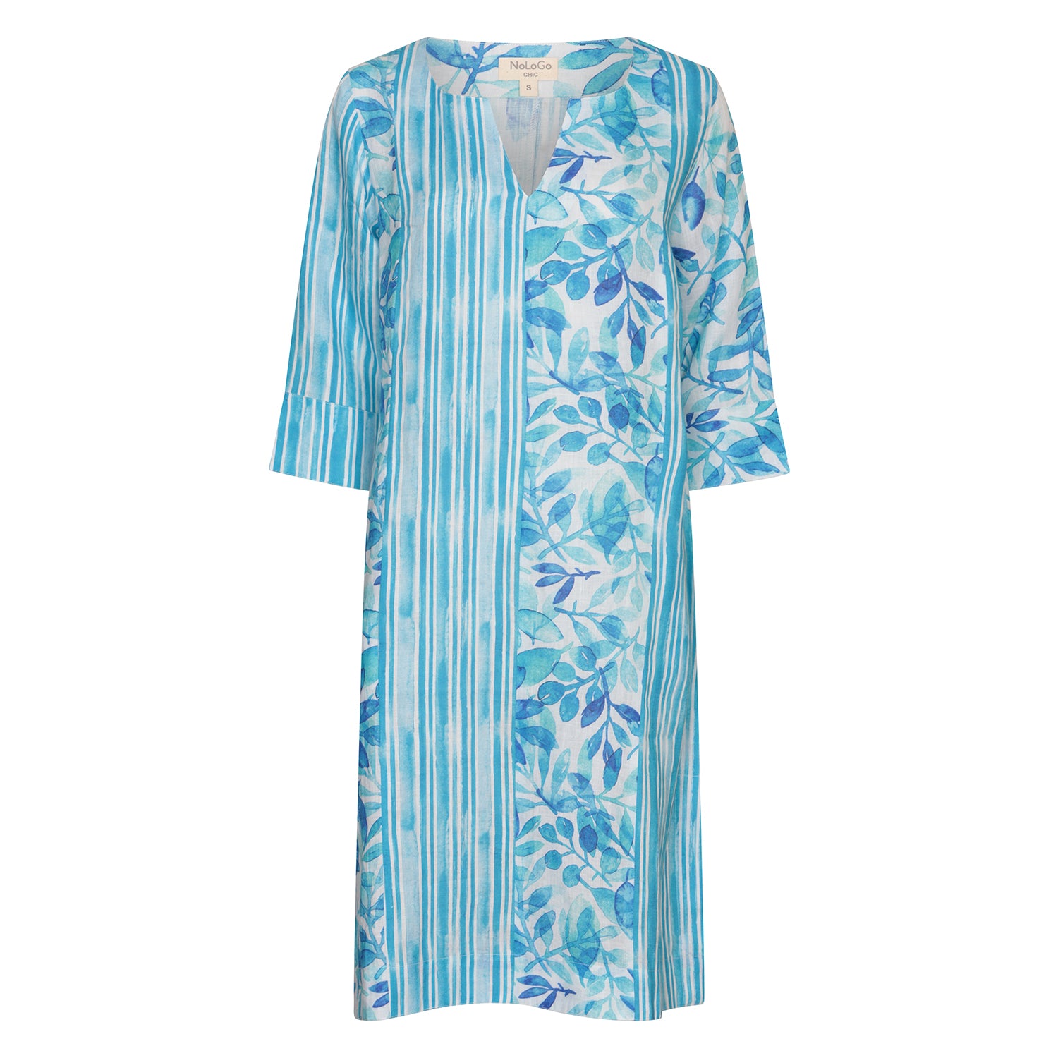 Zen Waterfall Panel Print Tunic Dress - Linen - Mid Blue