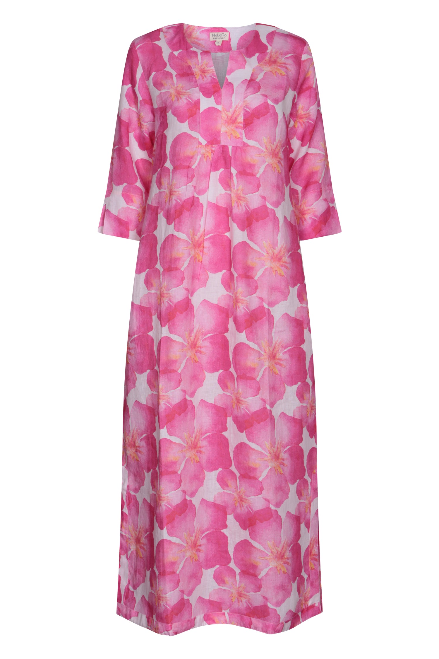 Life Style Pink Oleander Print Linen Maxi Dress - Pink