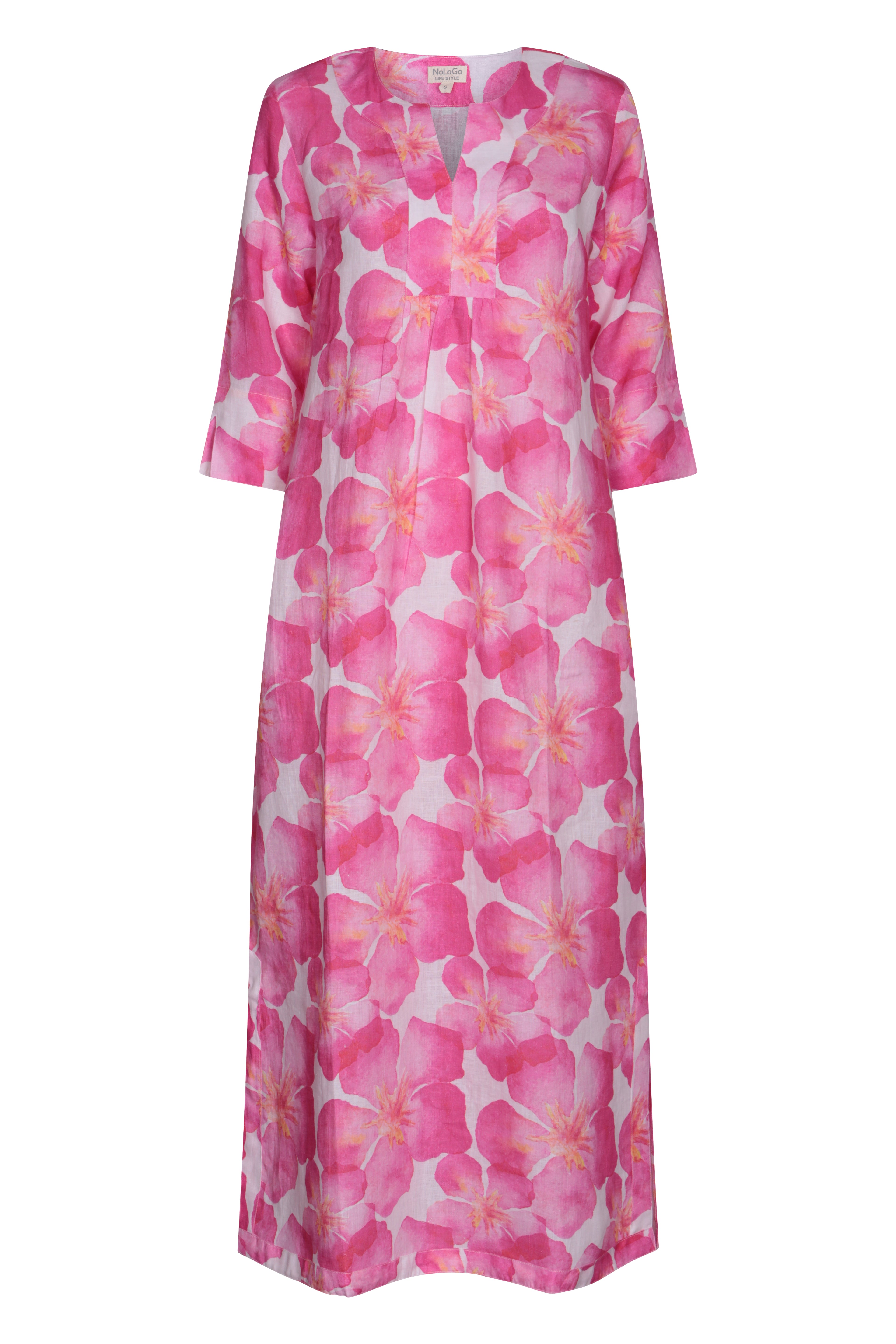 Life Style Pink Oleander Print Linen Maxi Dress - Pink