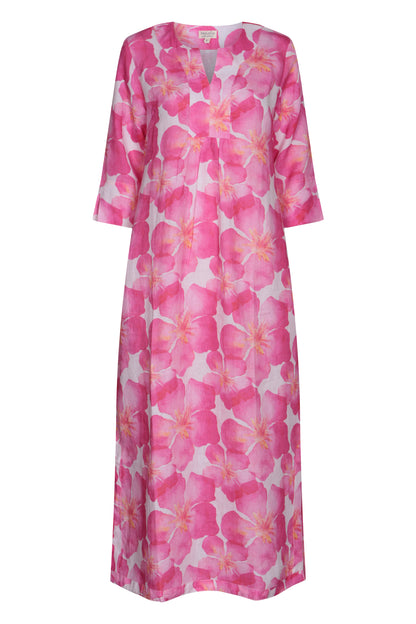 Life Style Pink Oleander Print Linen Maxi Dress - Pink