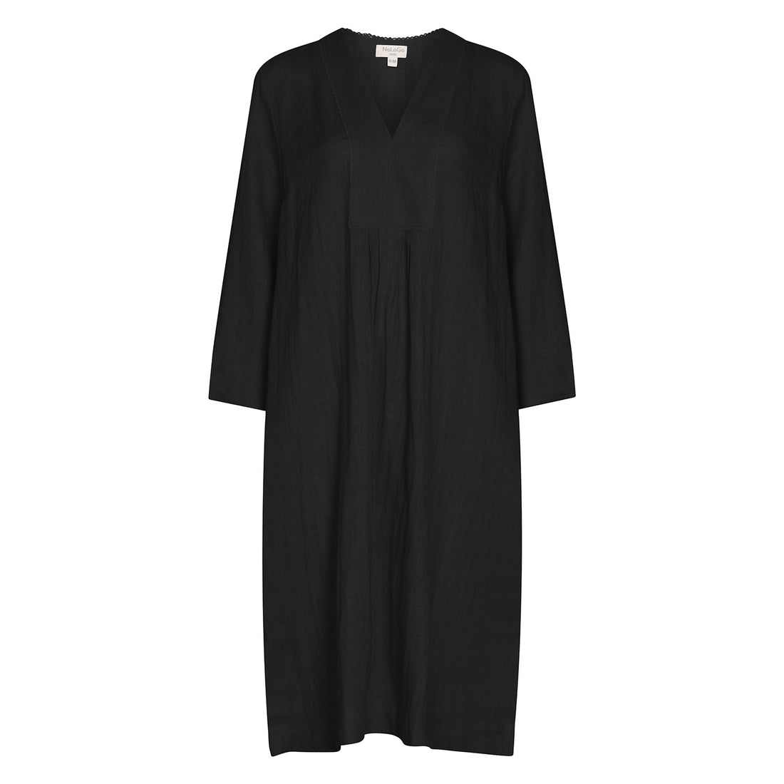Plain Dyed Linen Yoke Picot Midi Dress Black