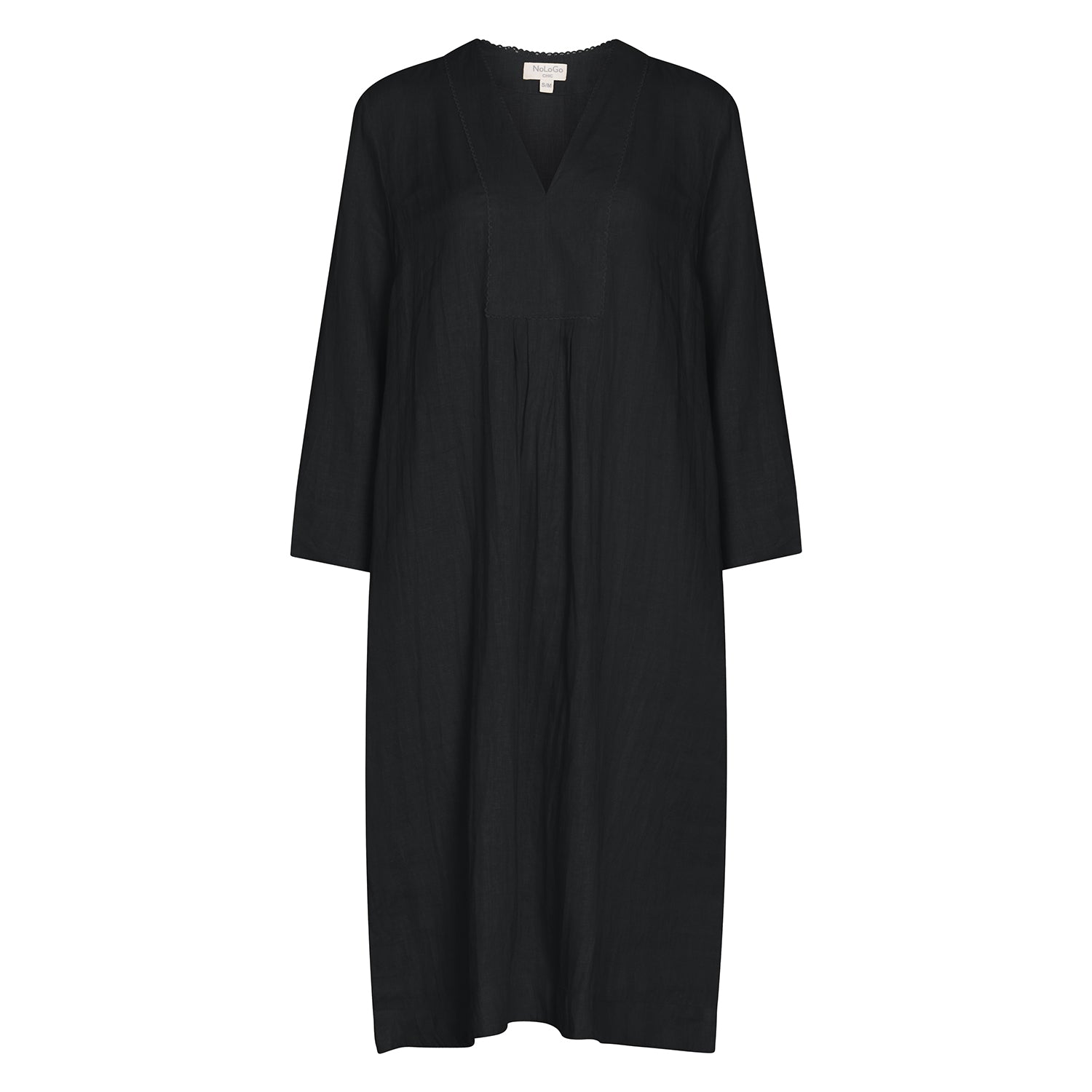 Plain Dyed Linen Yoke Picot Midi Dress Black