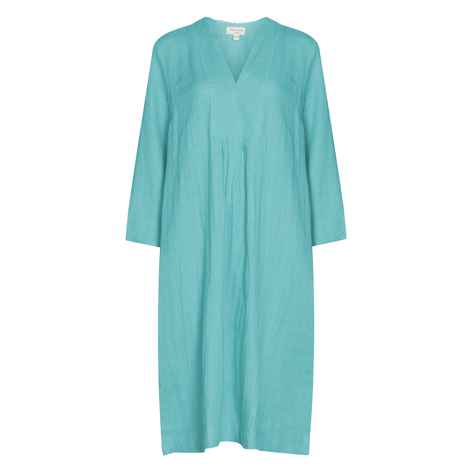 Plain Dyed Linen Yoke Picot Midi Dress Tiffany Blue