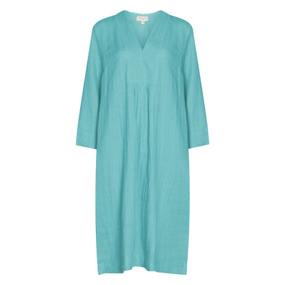 Plain Dyed Linen Yoke Picot Midi Dress Tiffany Blue