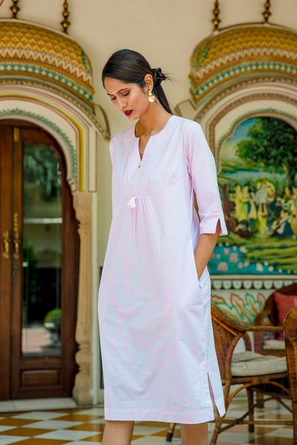 At-Ease Stripe Cotton Midi Dress - Pink