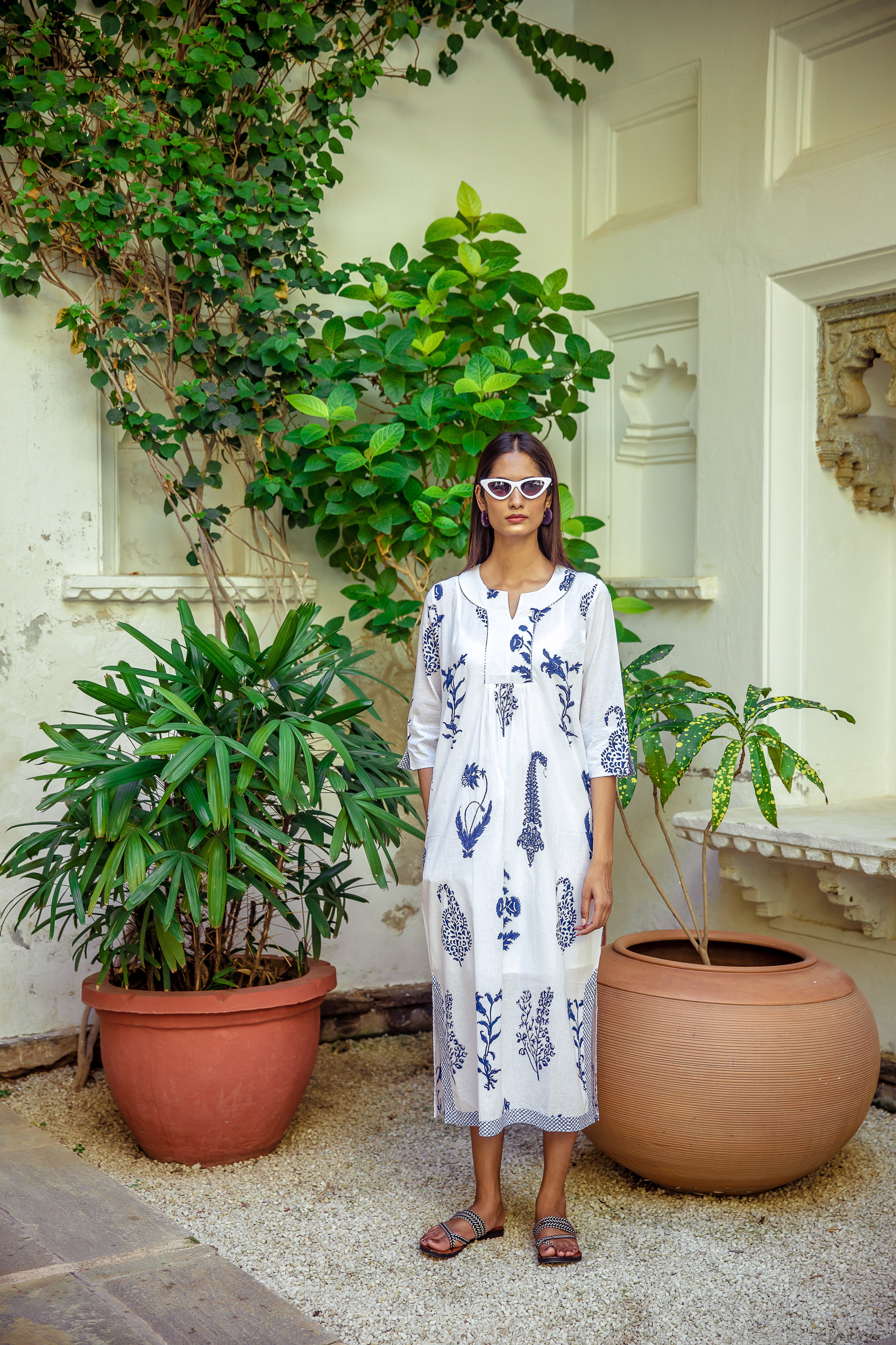 Botanical Maxi Dress Cotton Blue &amp; White