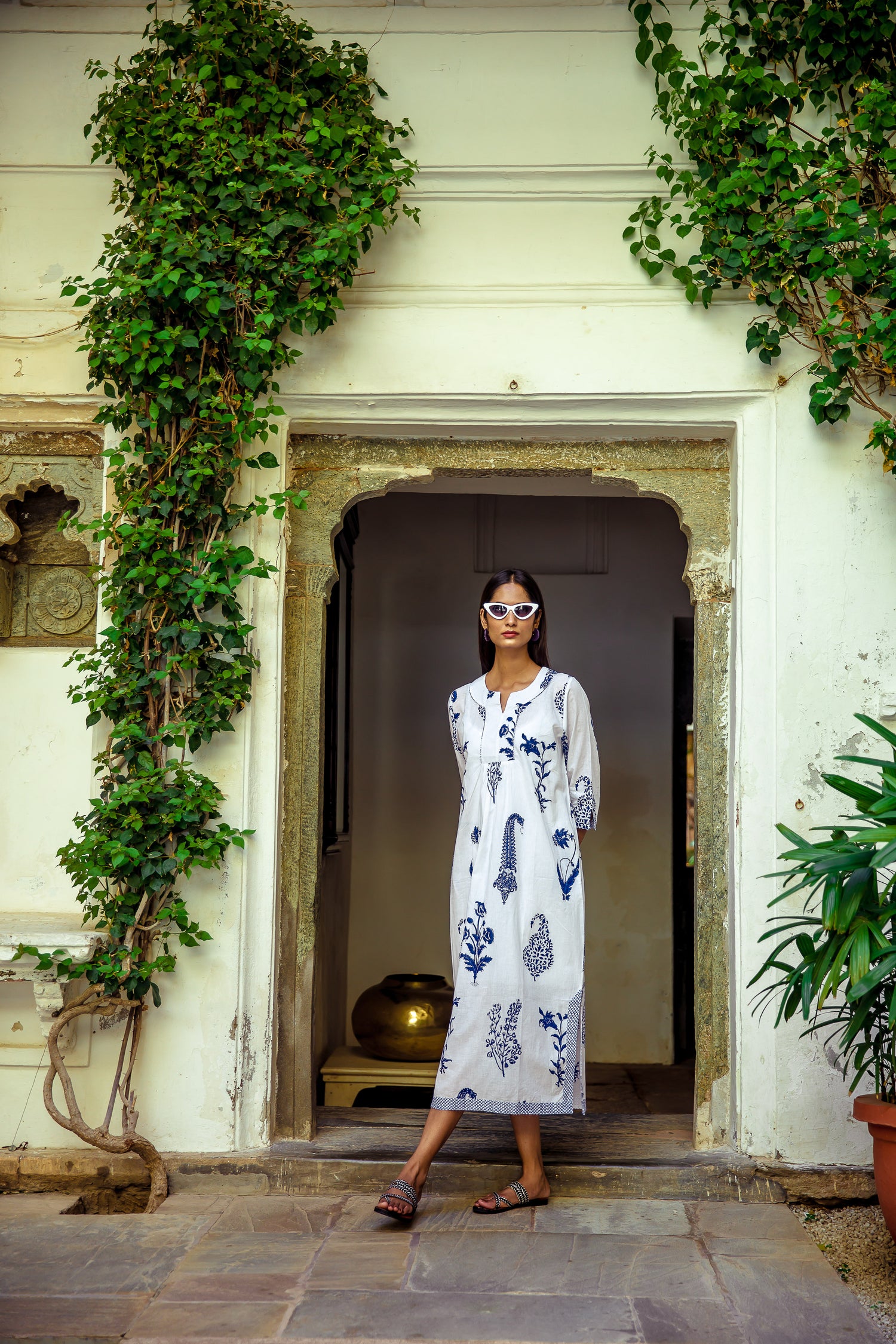 Botanical Maxi Dress Cotton Blue &amp; White