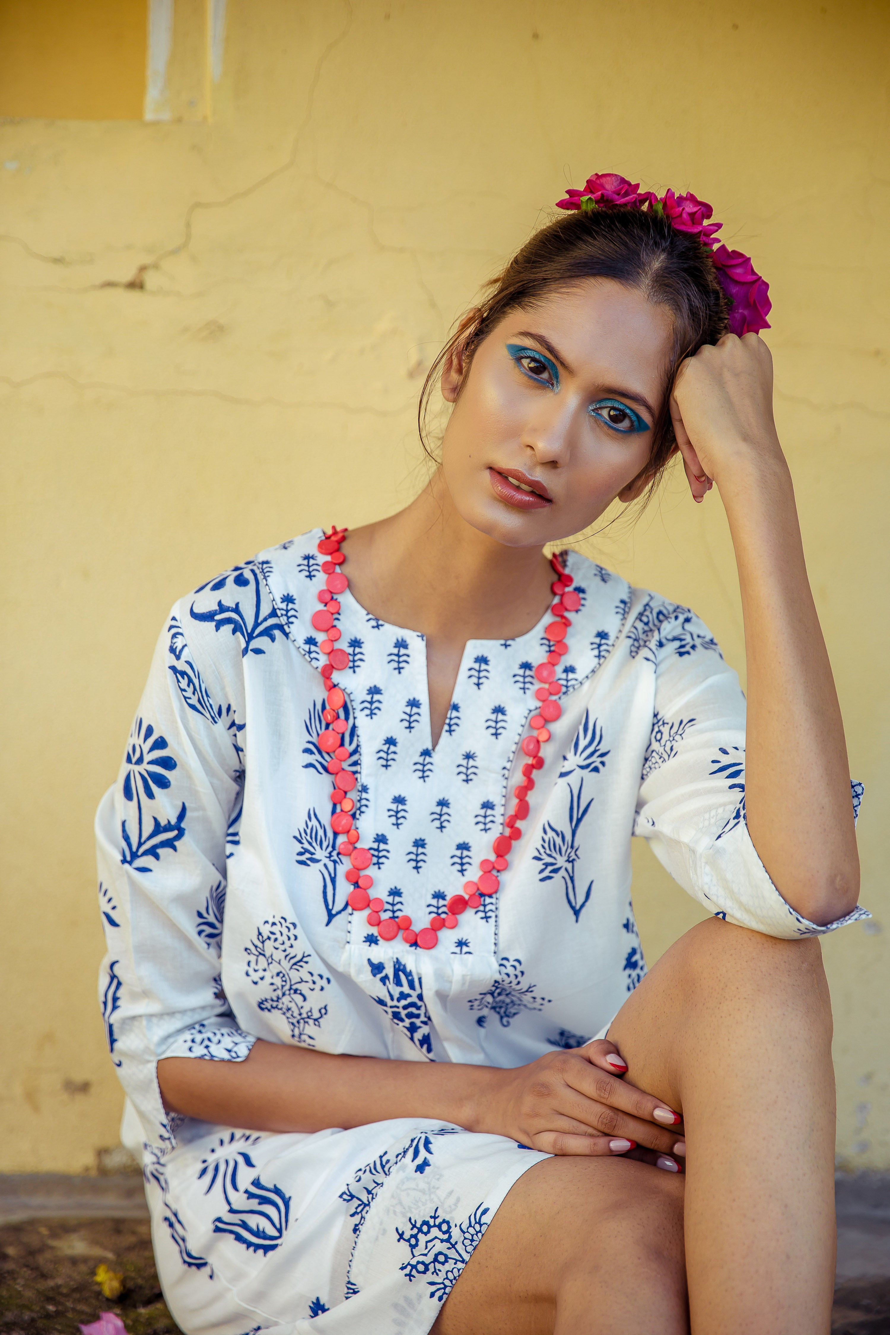 Botanical Yoke Dress Cotton Blue on White
