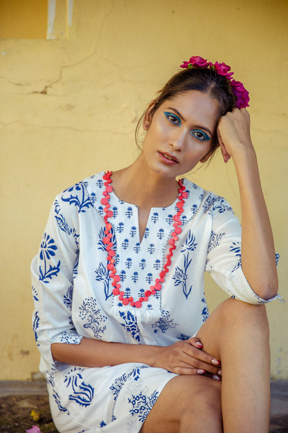 Botanical Yoke Dress Cotton Blue on White
