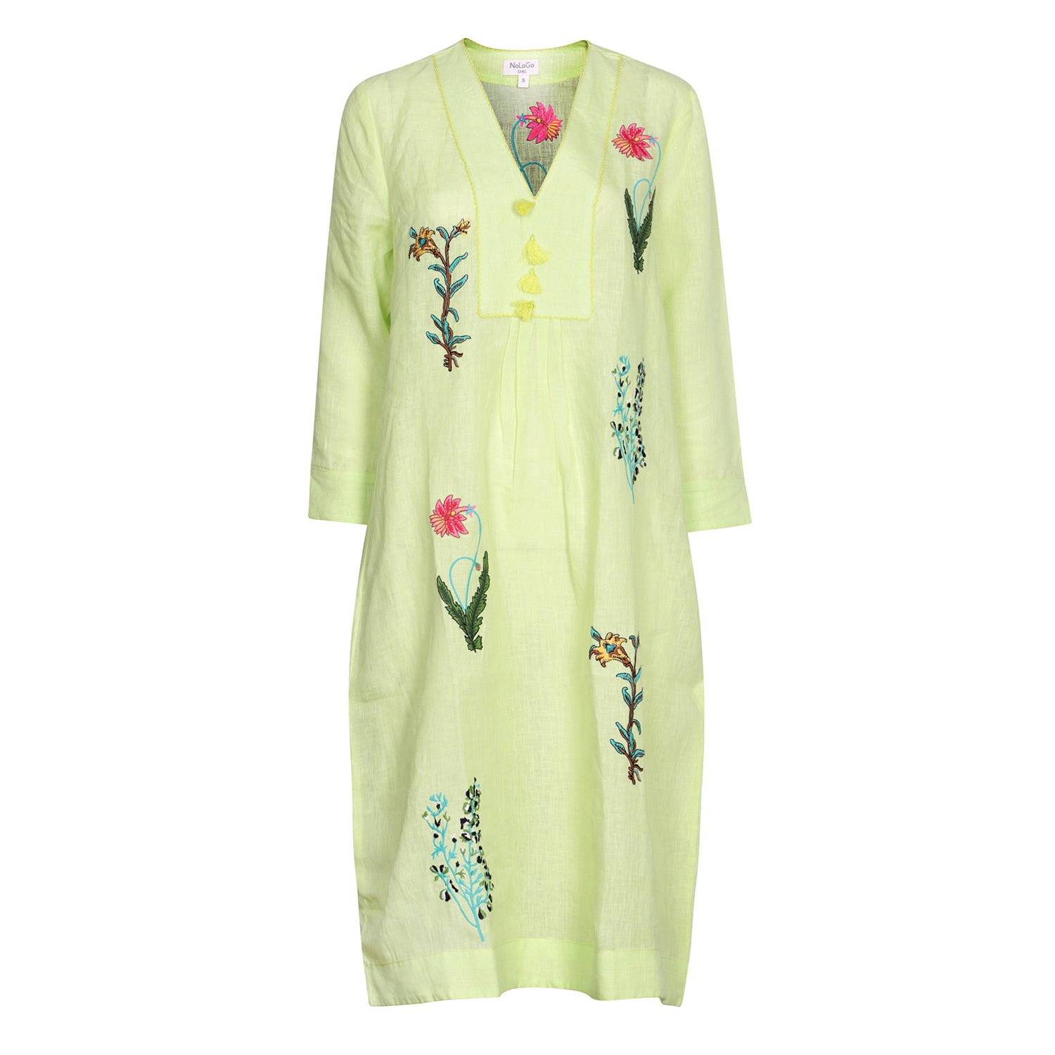 Botanical Embroidered Picot Midi Linen Dress - Sunny Lime
