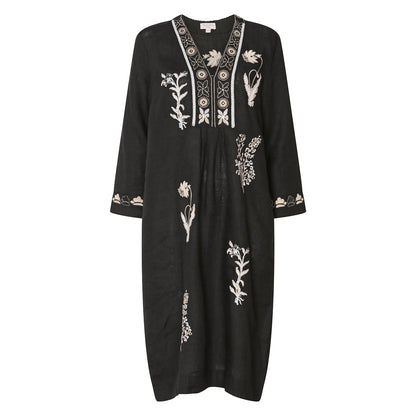 Botanical Embroidered Linen Picot Midi Dress - Black