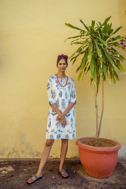 Botanical Yoke Dress Cotton Blue on White