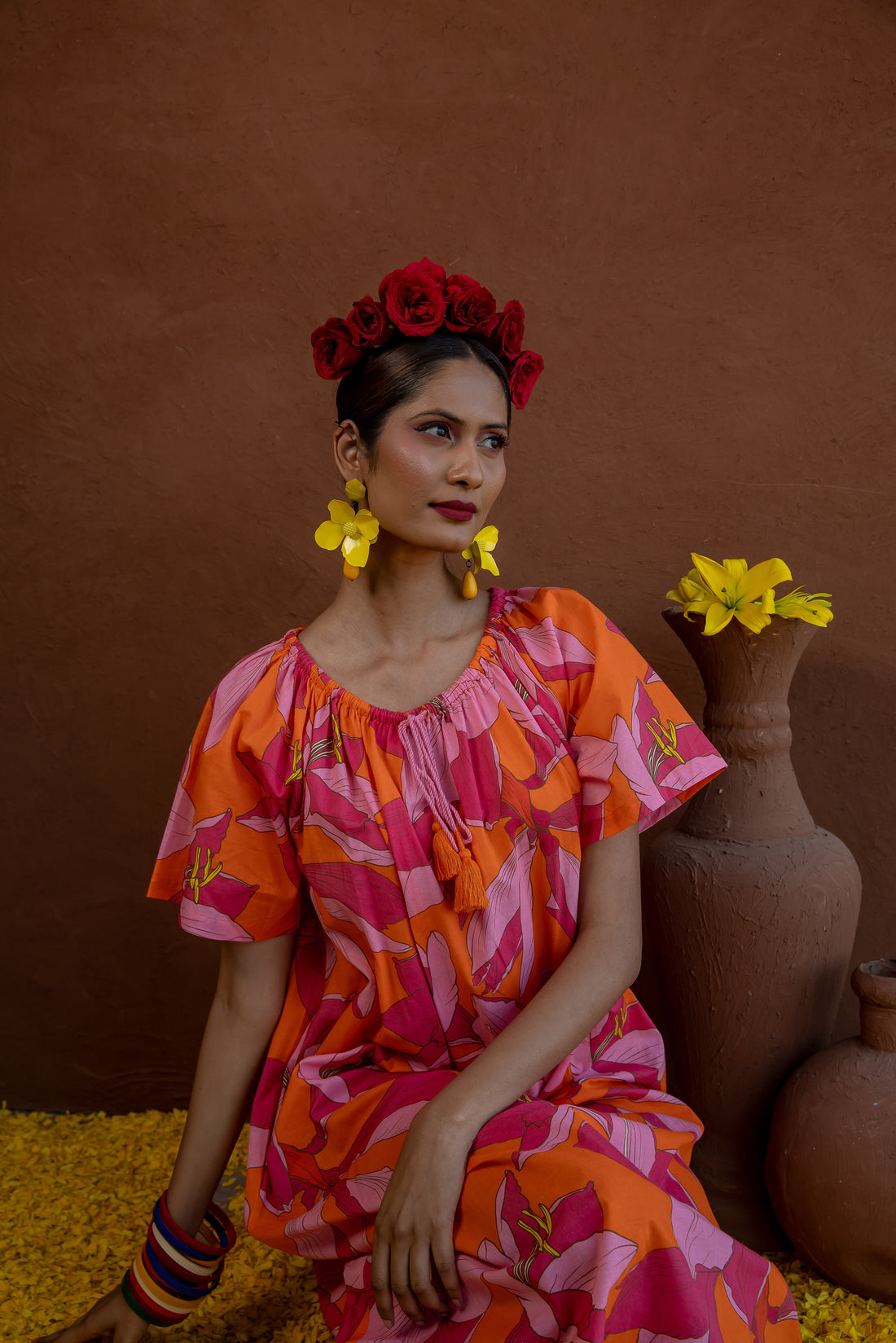 Calypso Fruit Flower Midi Dress Cotton Pink