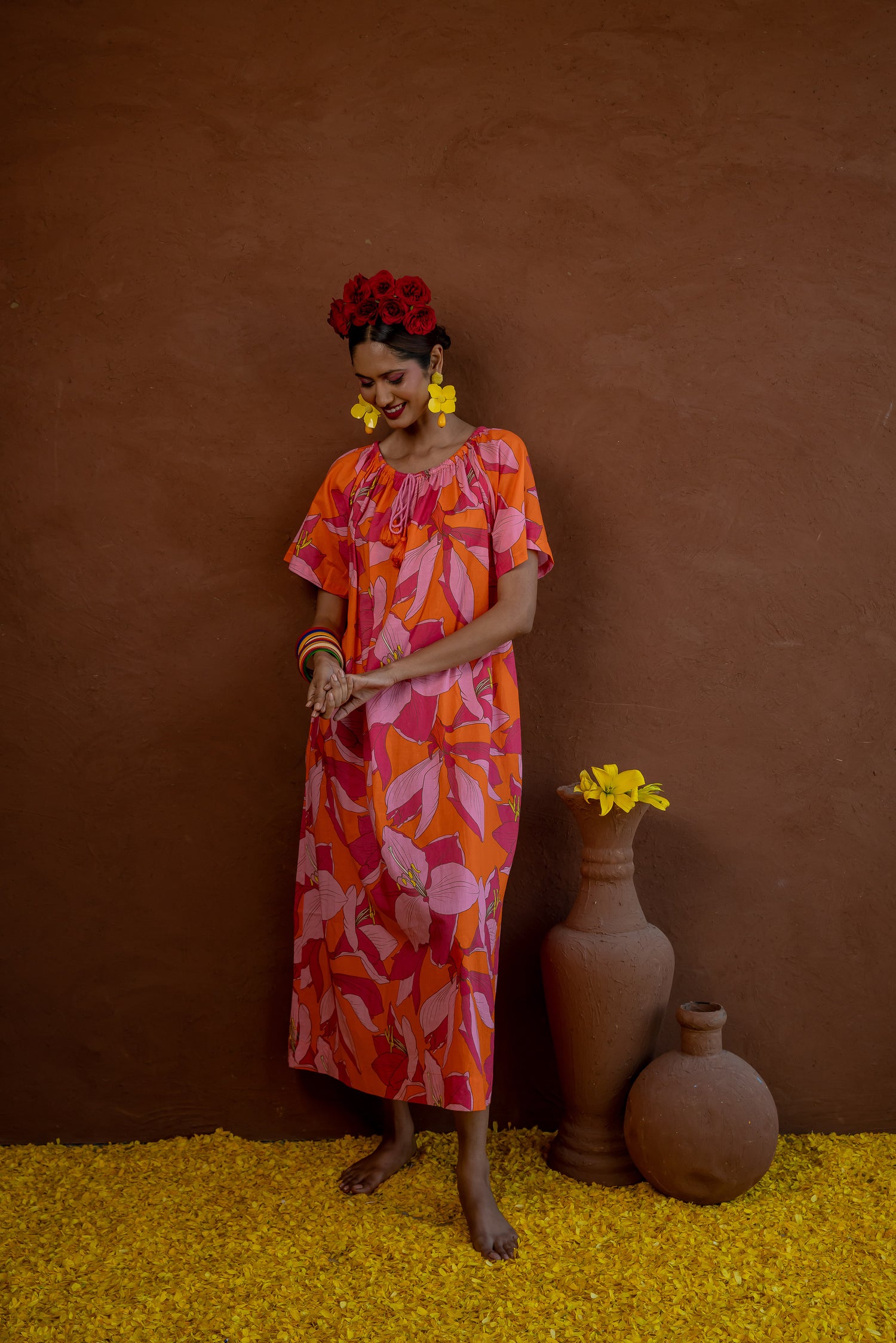 Calypso Fruit Flower Midi Dress Cotton Pink