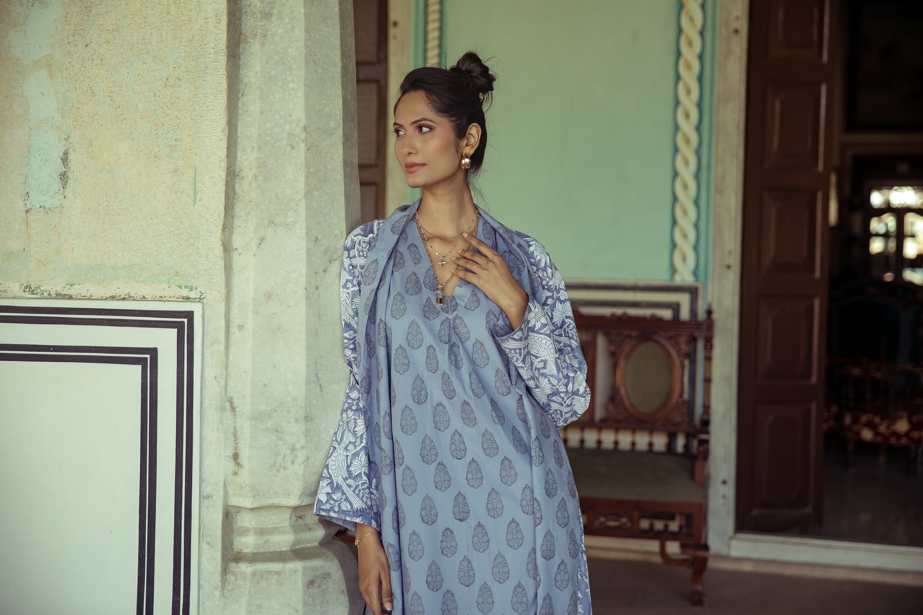 Rosebud Print Nightdress Cotton Charcoal