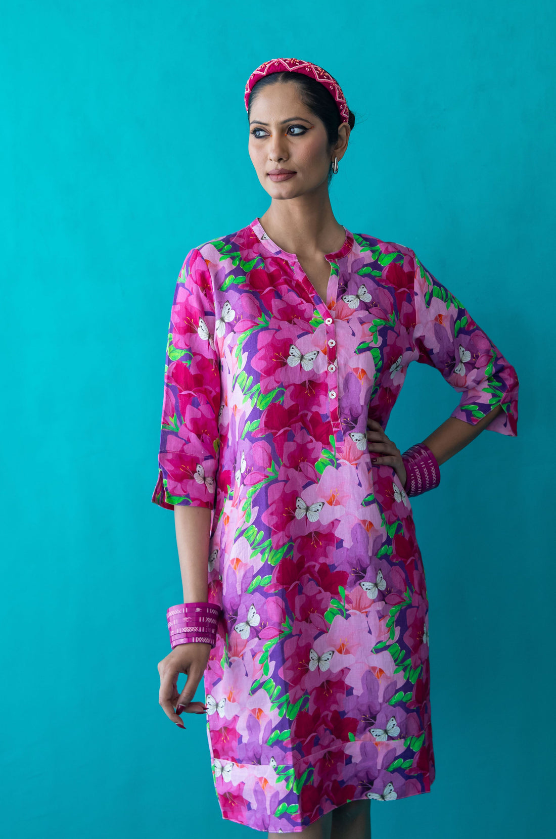 Butterfly Print Tunic Classic Dress Linen Pink