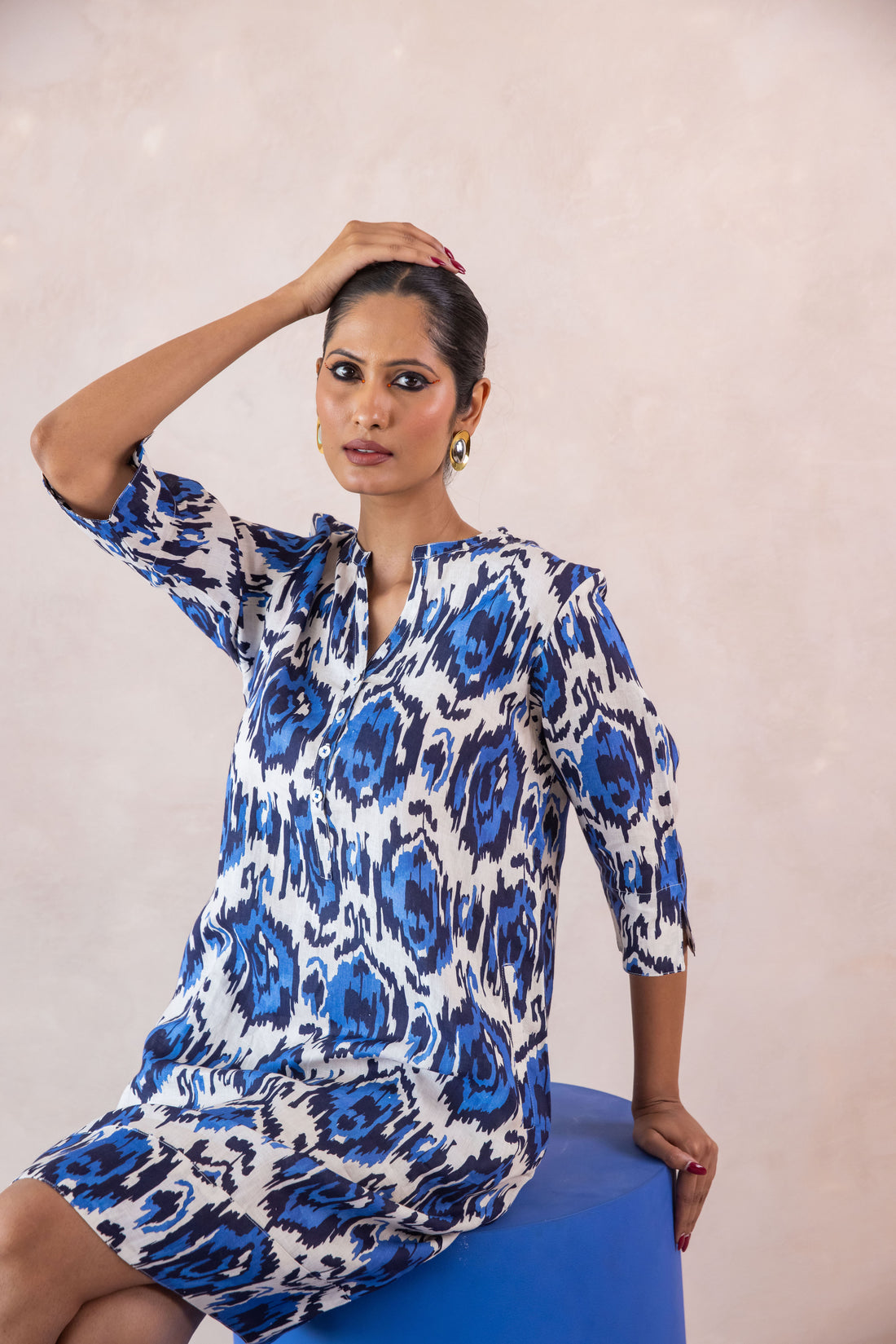 Swizzle Print Tunic Classic Dress Linen Blue