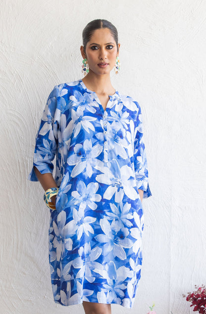 Blue Jay Print Tunic Classic Dress Linen Blue NoLoGoChic Blue Jay Print Tunic Classic Dress Linen Blue NoLoGoChic