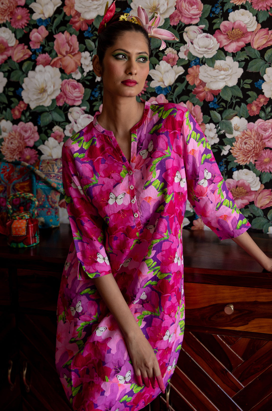 Butterfly Print Tunic Classic Dress Linen Pink