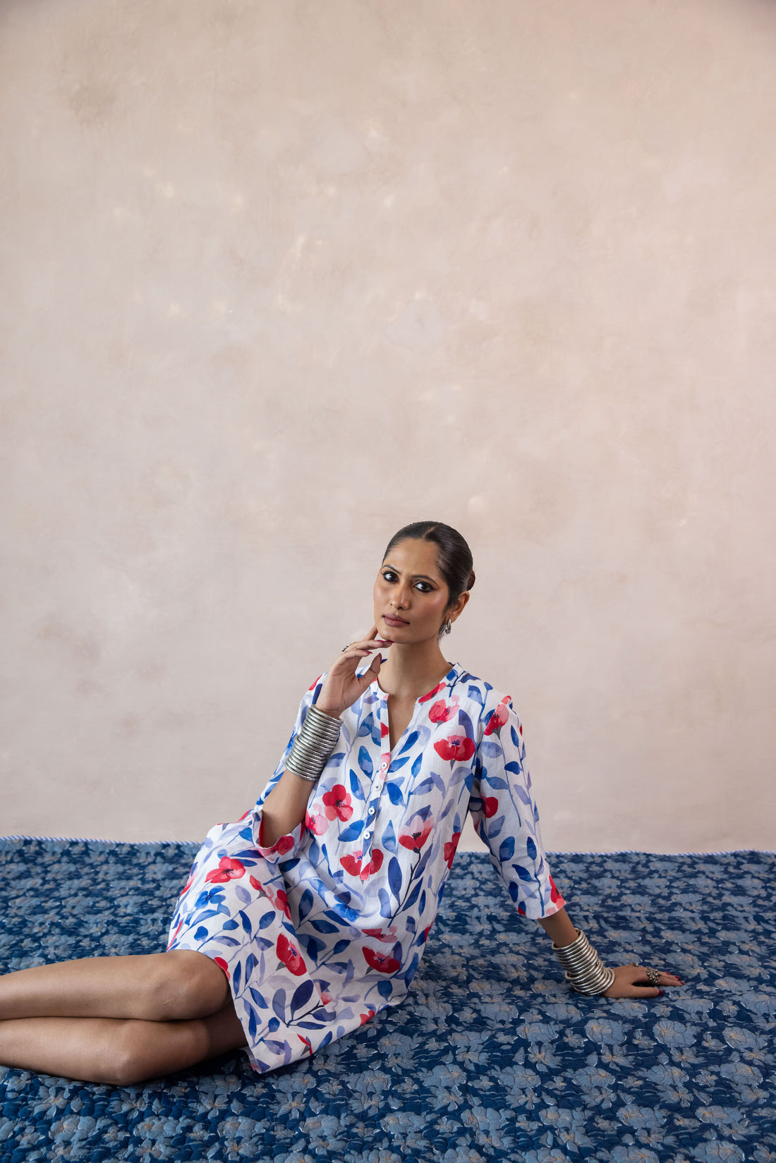 Daisy Leaf Print Tunic Classic Dress Linen Multi