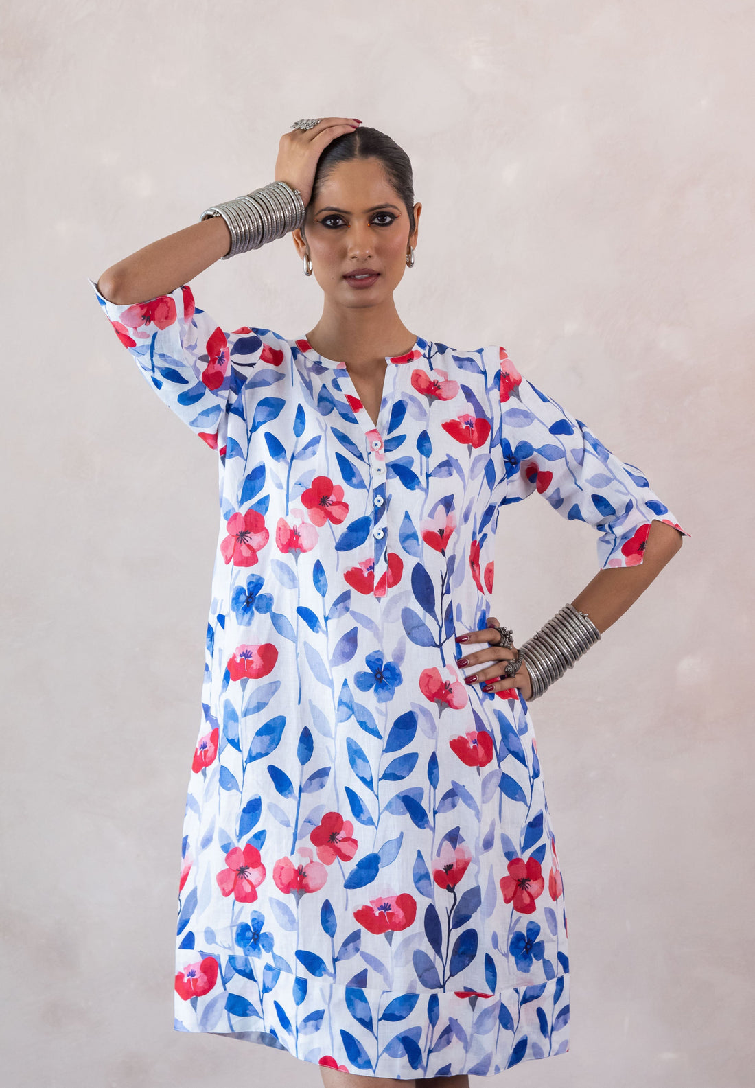 Daisy Leaf Print Tunic Classic Dress Linen Multi