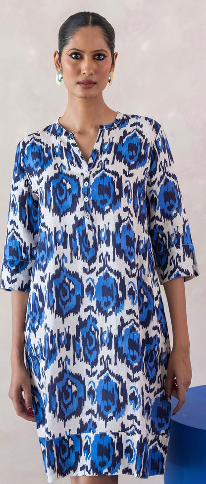 Swizzle Print Tunic Classic Dress Linen Blue