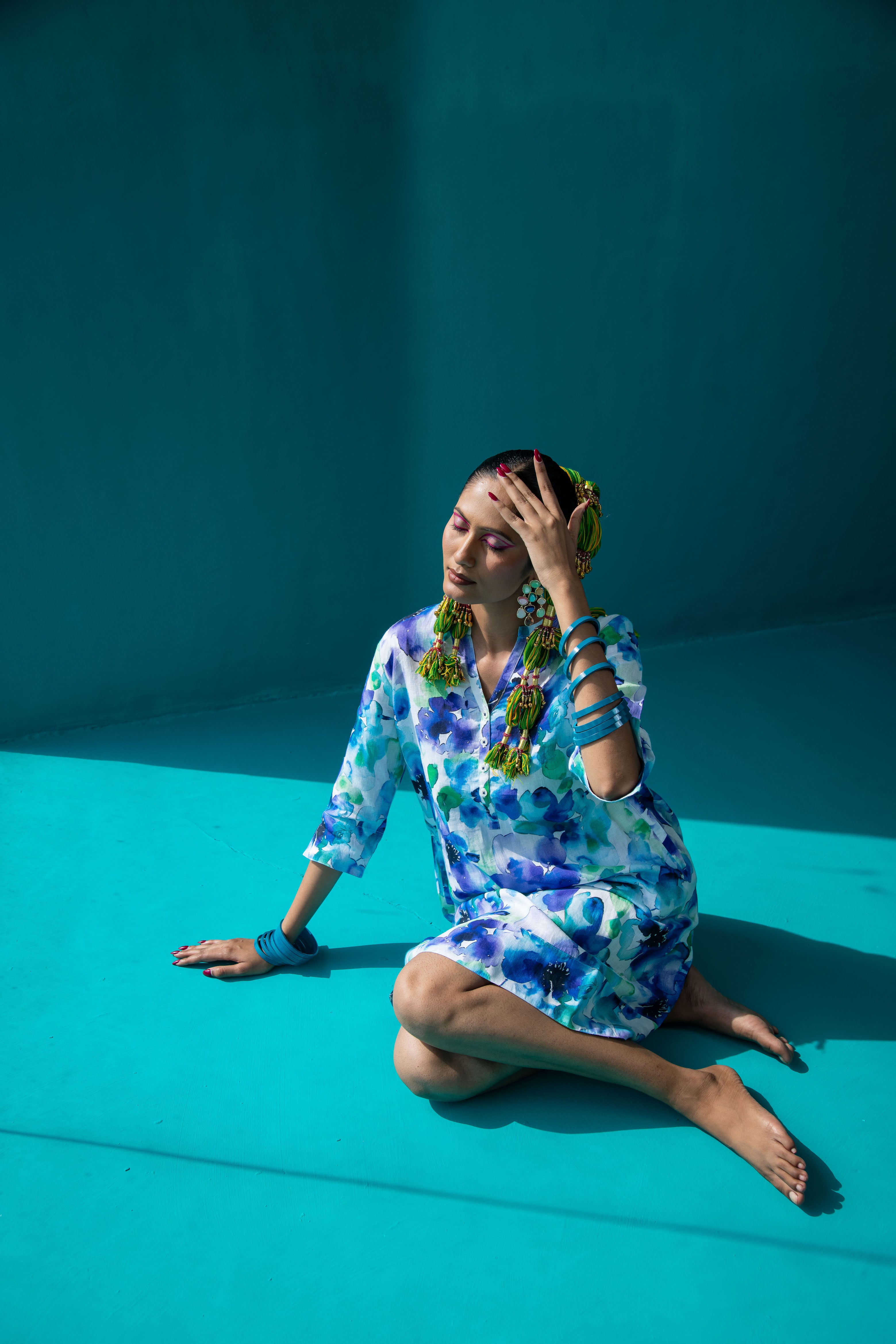Water Petal Print Tunic Classic Dress Linen Multi