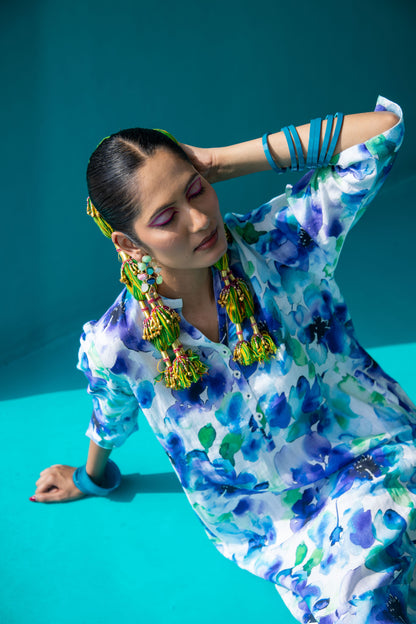 Water Petal Print Tunic Classic Dress Linen Multi