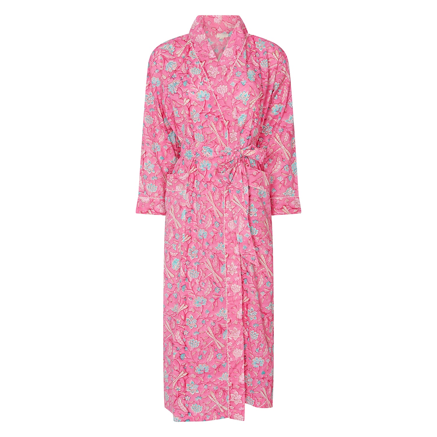 Hand Printed Cotton Kimono Robe Dragonfly Pink