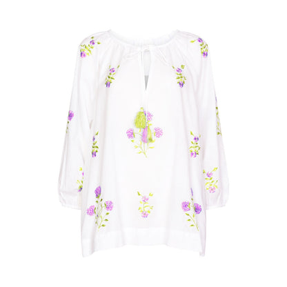 Drifter Gypsy Top with Pinks Cotton Cambric White