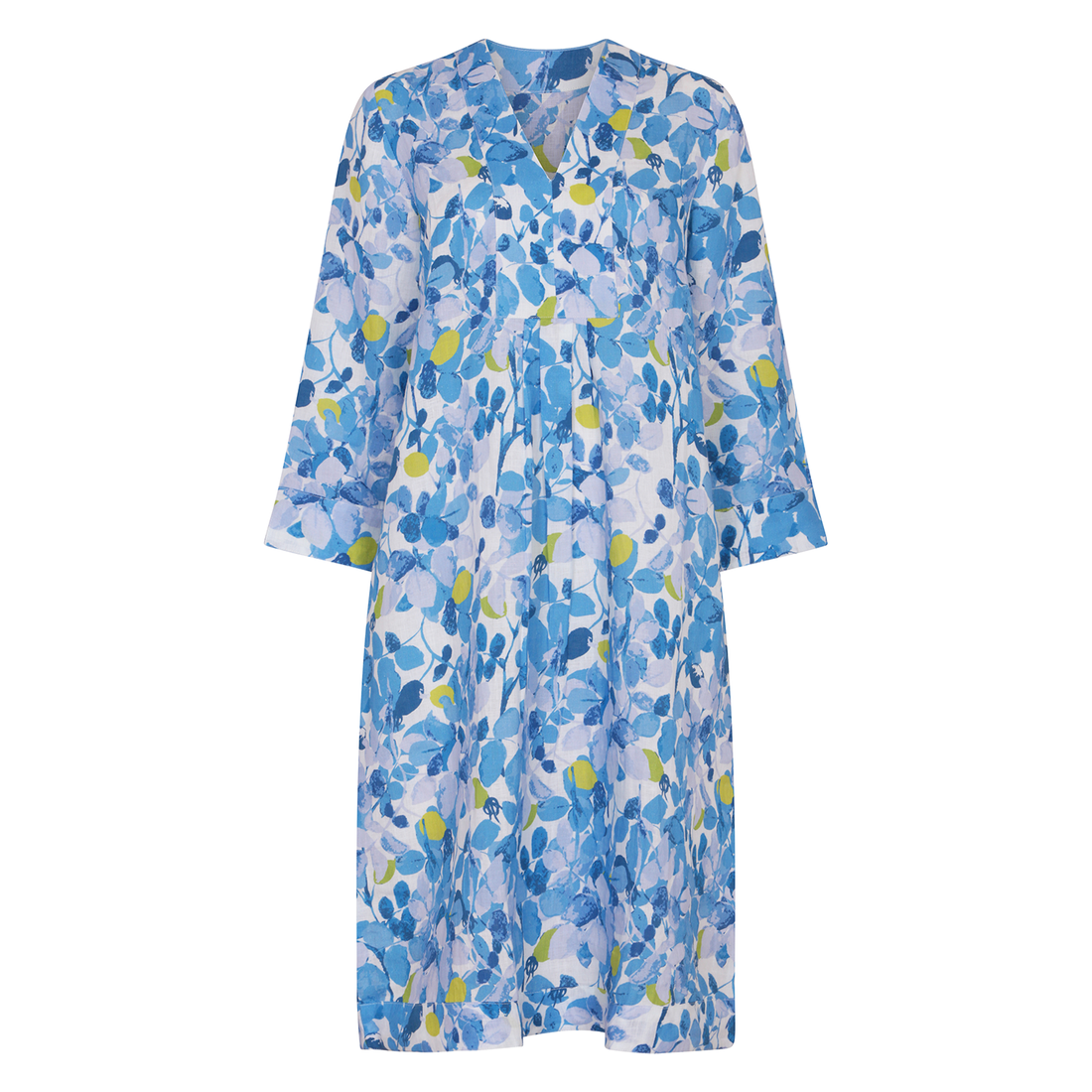 Green Plum Print Picot Midi Dress Linen Multi