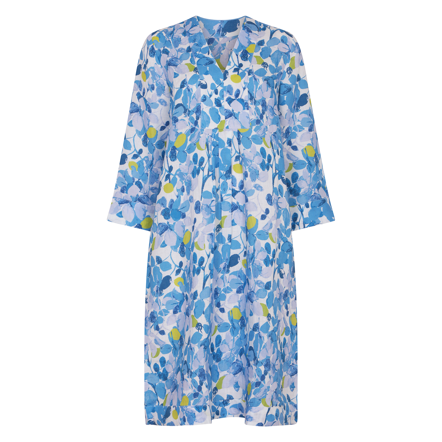 Green Plum Print Picot Midi Dress Linen Multi