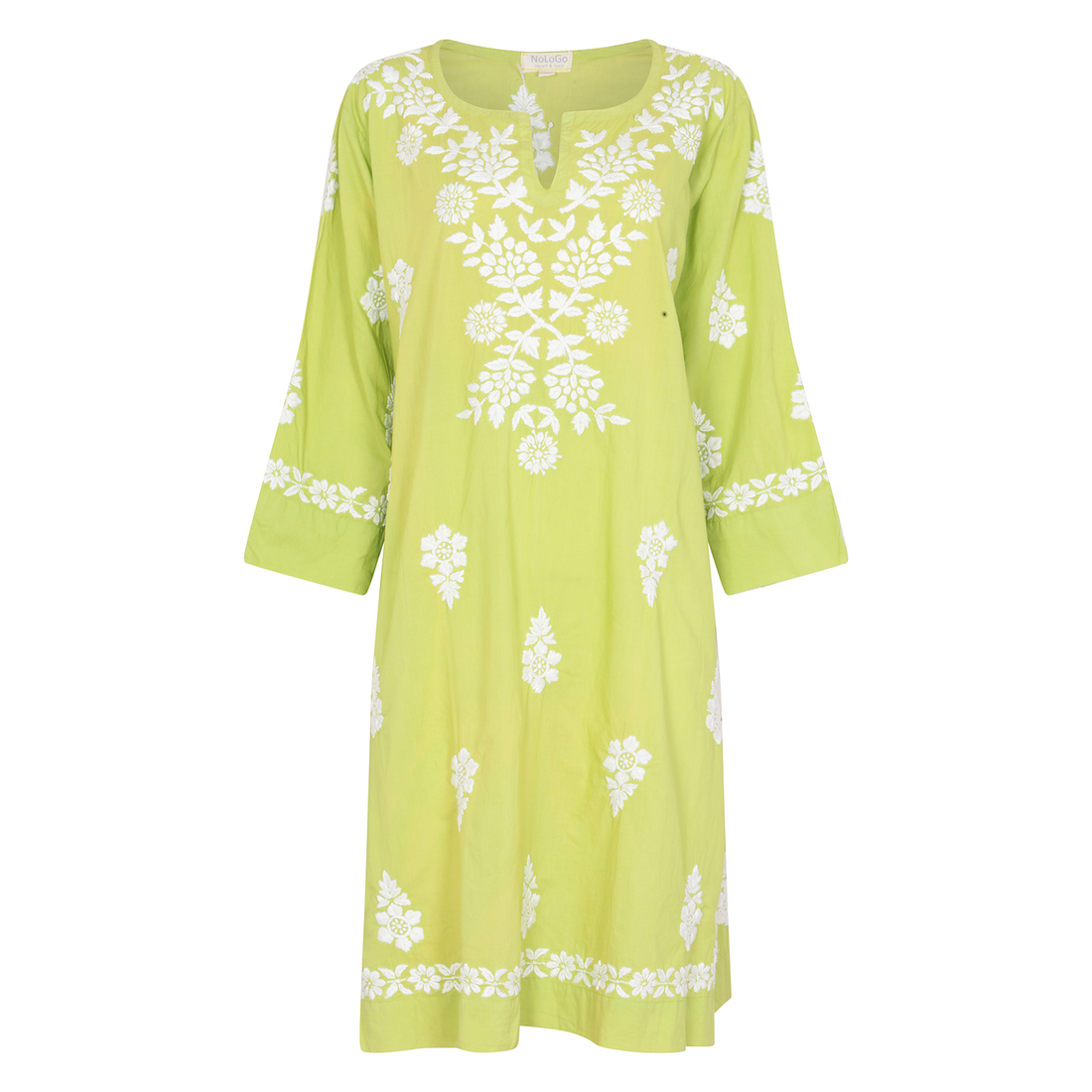 Parrot- Green Dress with White Hand Embroidery