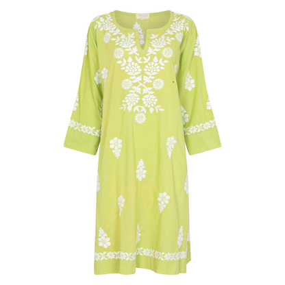 Parrot- Green Dress with White Hand Embroidery