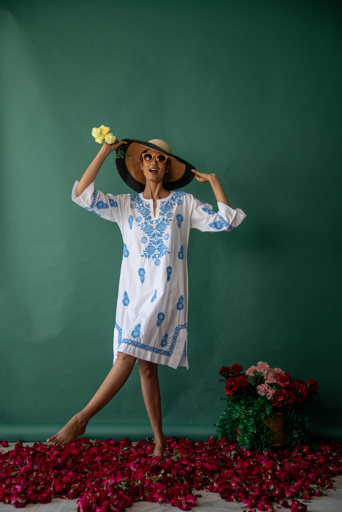 White Harriet Dress with Blue Hand Embroidery