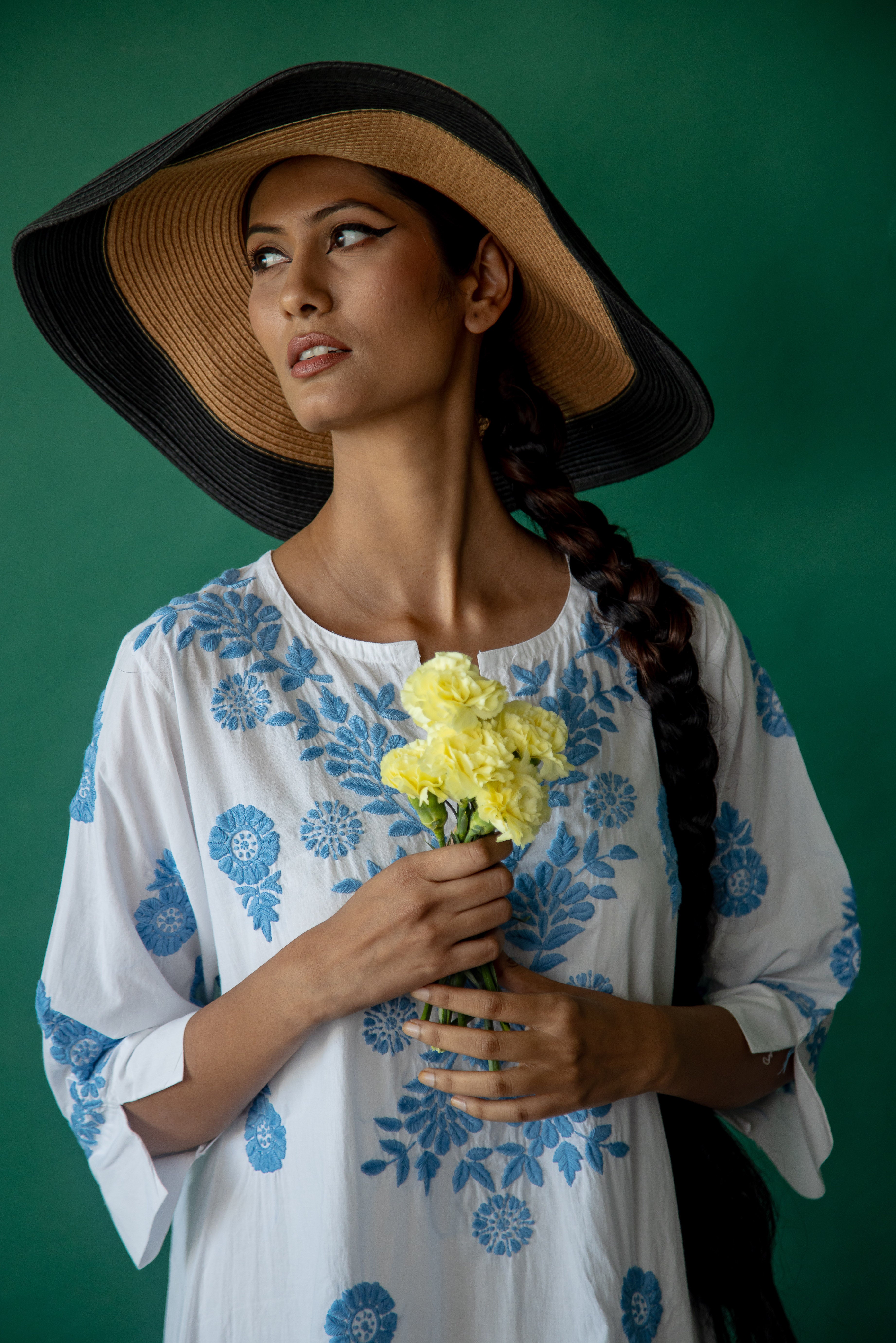 White Harriet Dress with Blue Hand Embroidery