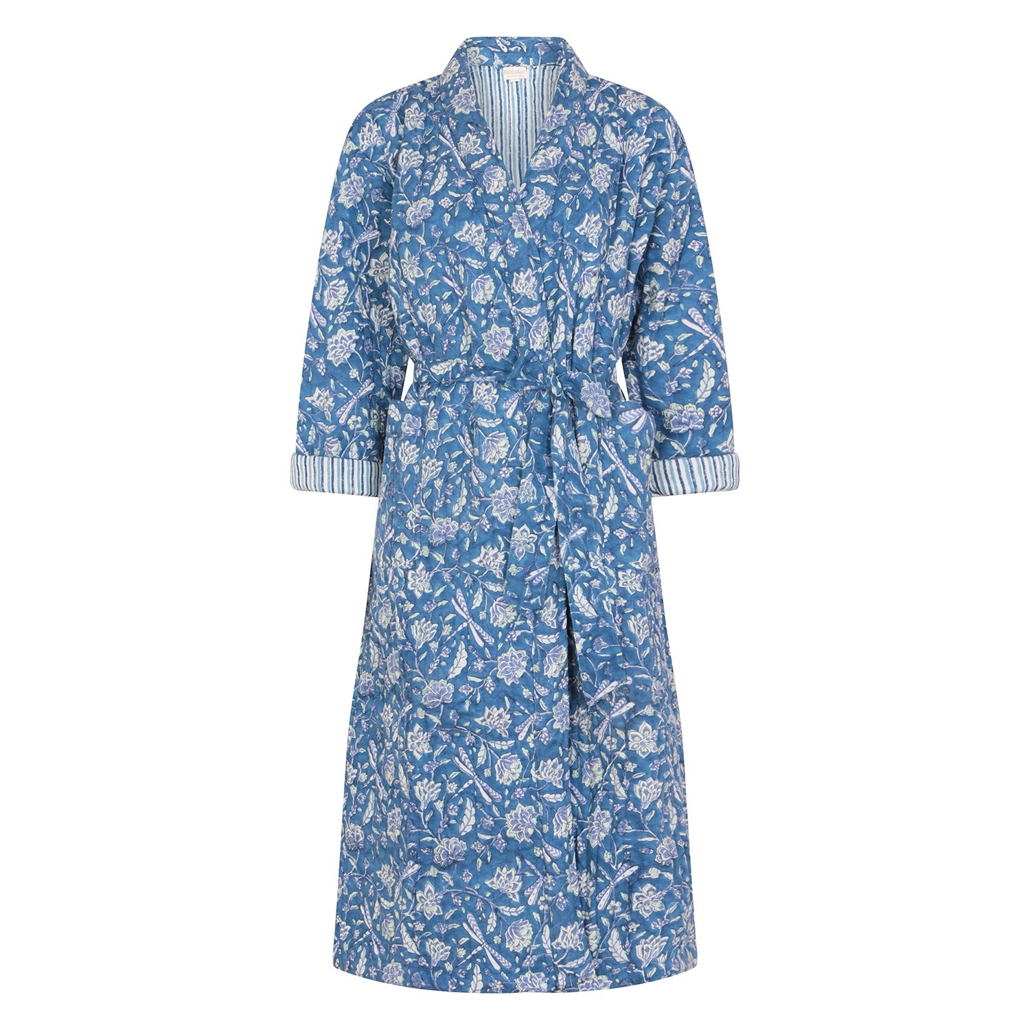 Luxury Quilted Hand Block Printed Robe - Dragonfly/Stripe Print Blue