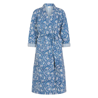 Luxury Quilted Hand Block Printed Robe - Dragonfly/Stripe Print Blue