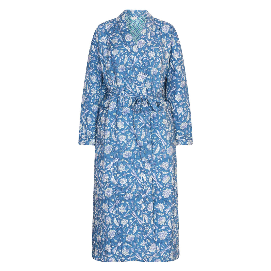 Luxury Quilted Hand Block Printed Robe - Dragonfly/Zigzag Print Blue