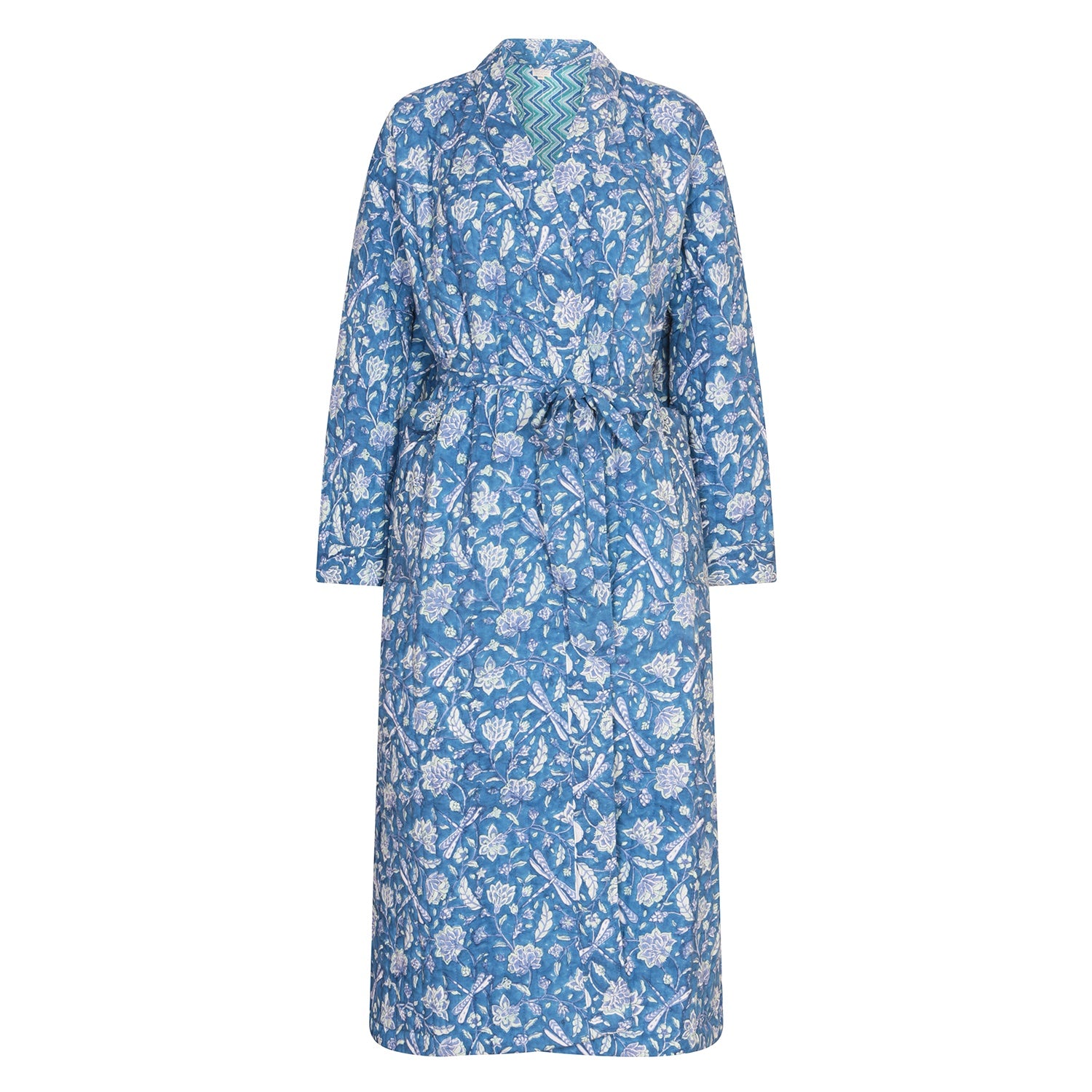 Luxury Quilted Hand Block Printed Robe - Dragonfly/Zigzag Print Blue