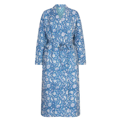 Luxury Quilted Hand Block Printed Robe - Dragonfly/Zigzag Print Blue