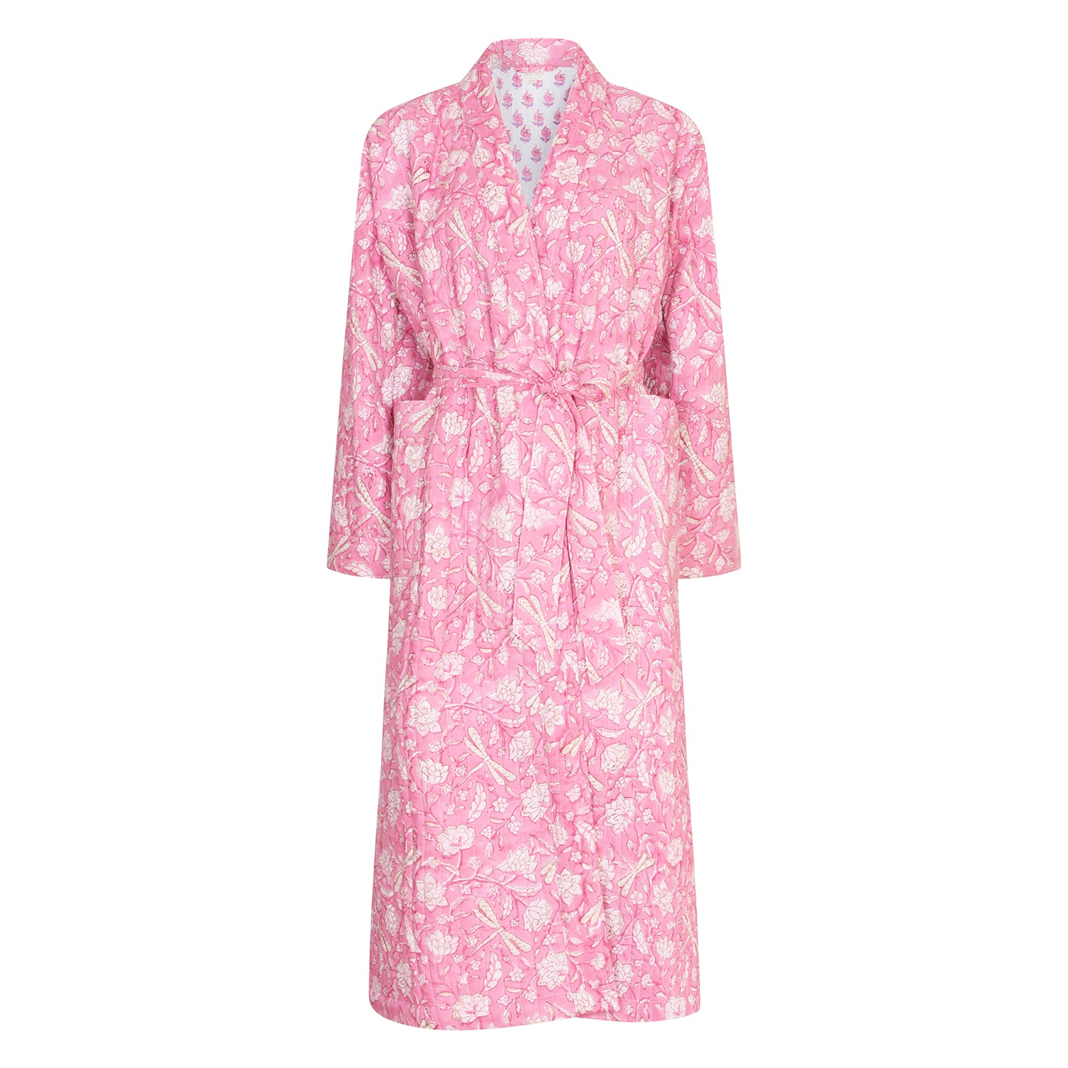 Luxury Quilted Hand Block Printed Robe - Dragonfly Pink and Cream