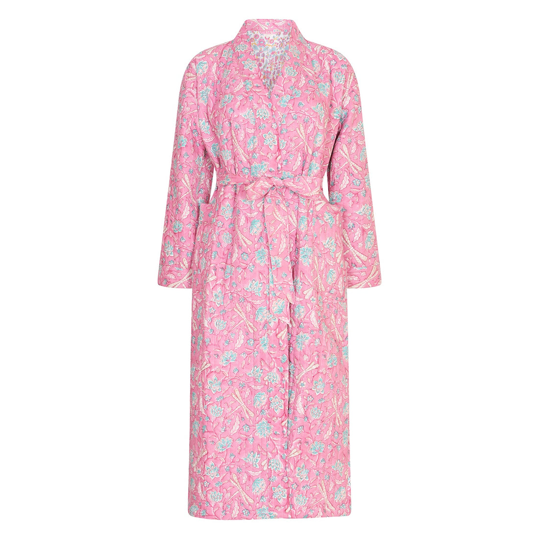 Luxury Quilted Hand Block Printed Robe - Dragonfly Pink and Blue