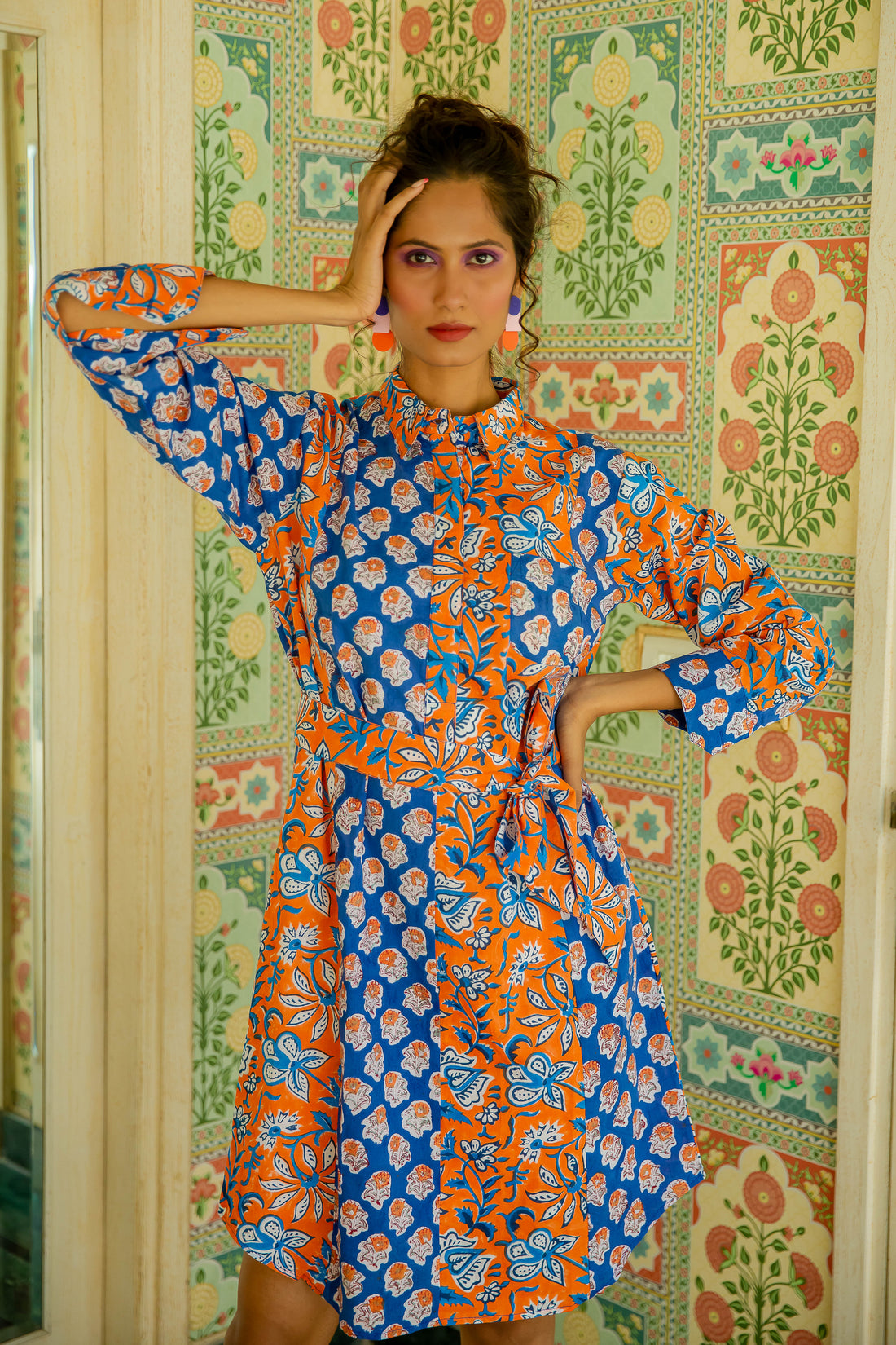 Mix Match Shirtdress Cotton Blue &amp; Mustard