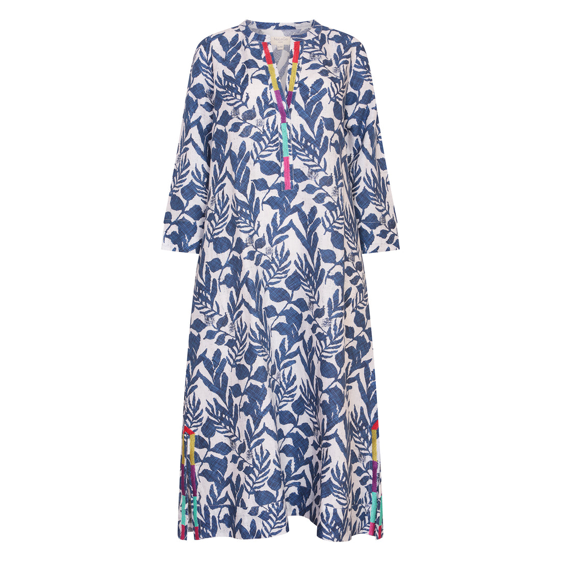 Lino Print Embroidered Kaftan Linen - Blue