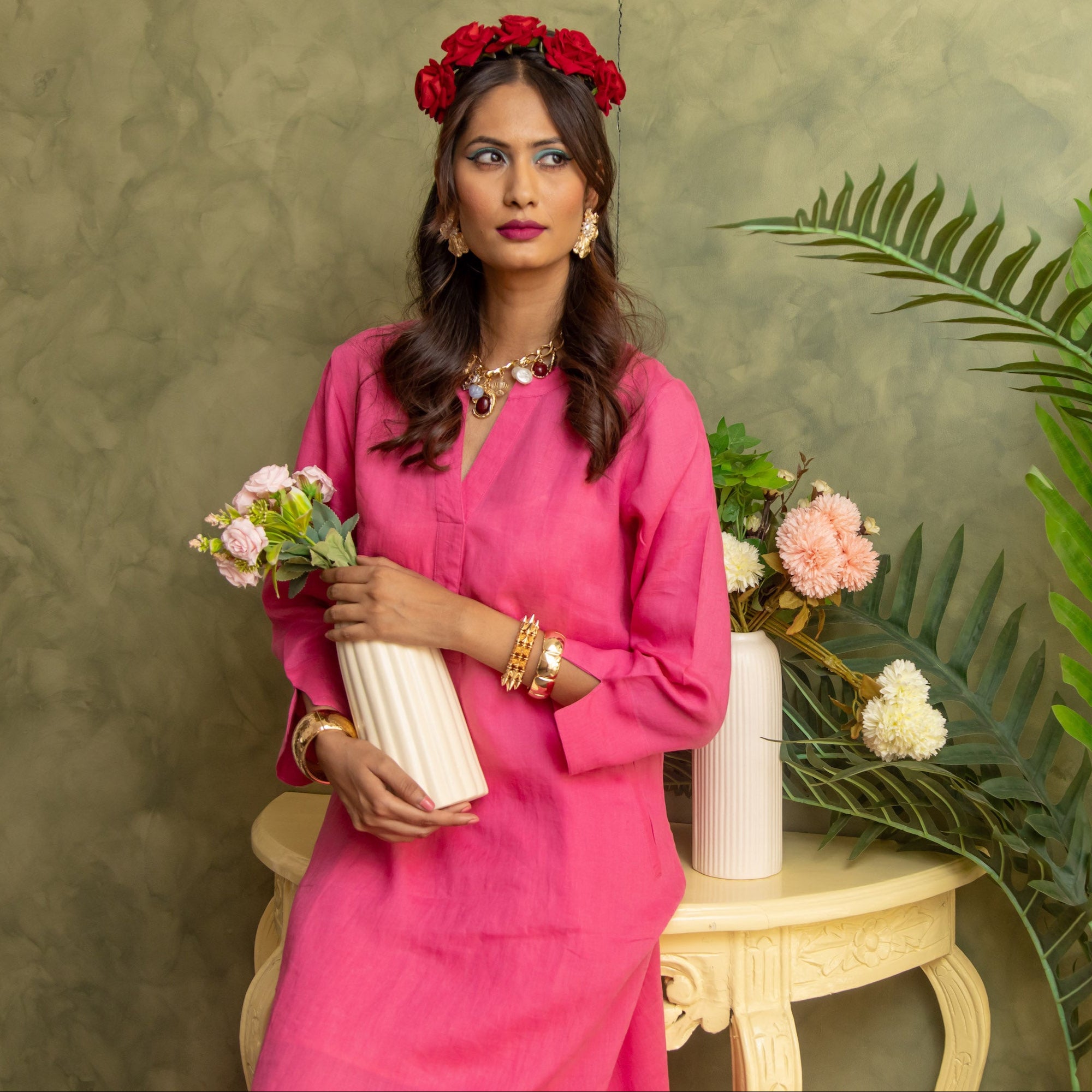 Plain Dyed Kaftan Linen - Peony Pink