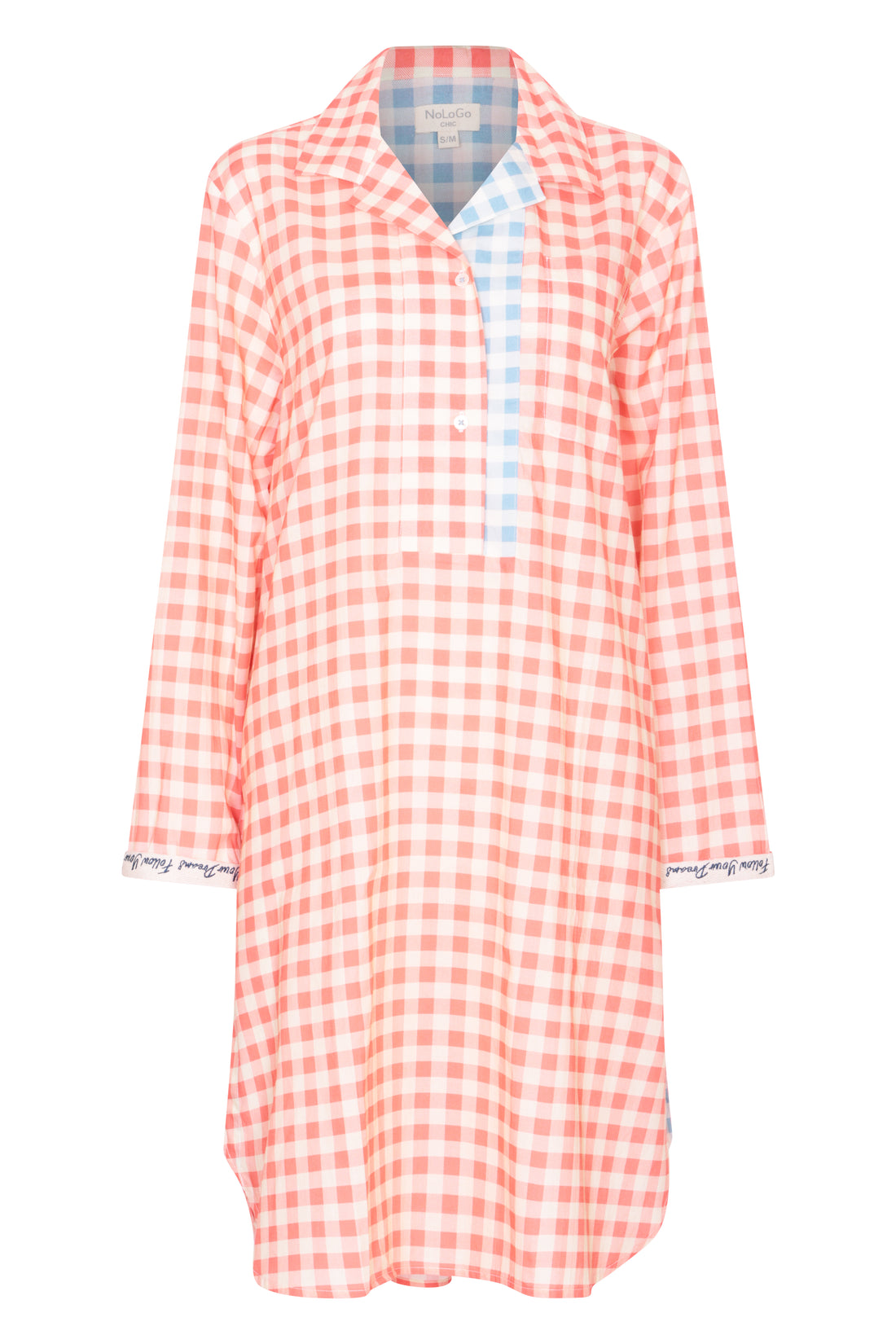 Gingham Nightwear Nightshirt Cotton - Apricot Pink and White